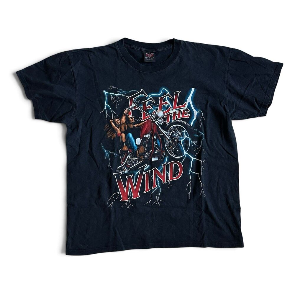 Vintage American Thunder FEEL THE WIND Biker Tee Lightning AOP XL Back Hit Fade